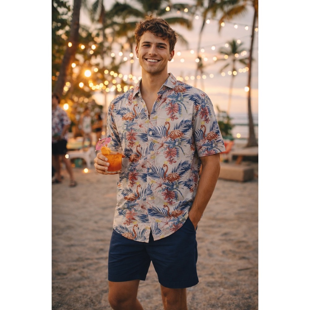 Molokai Surf Co Men's Large Flamingo Hawaiian Aloha Button Short Sleeve Shirt